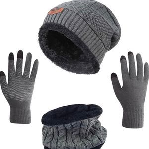 Gray Hat Scarf Gloves Set Beanie Hat Knit Skull Caps  Neck Warmer for M…​​